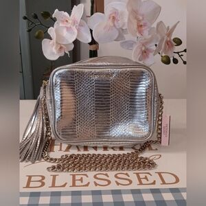 Victorias Secret Womens Crossbody Bag Silver Metallic Chain Tassel Small New